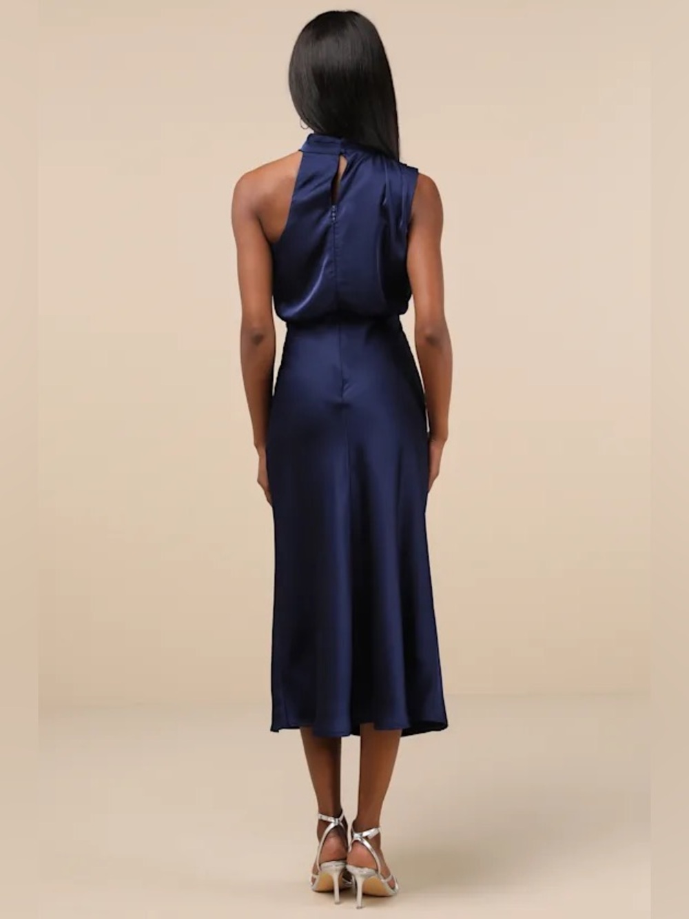 Lulus Distinctive Charm Navy Satin Asymmetrical Midi Dress - Picture 4 of 4